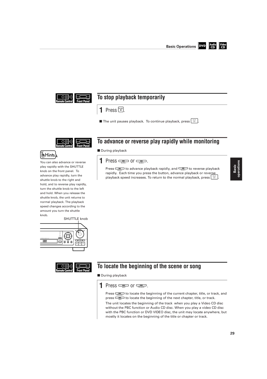 JVC XV-501BK manual To stop playback temporarily, To locate the beginning of the scene or song, Press Pause 