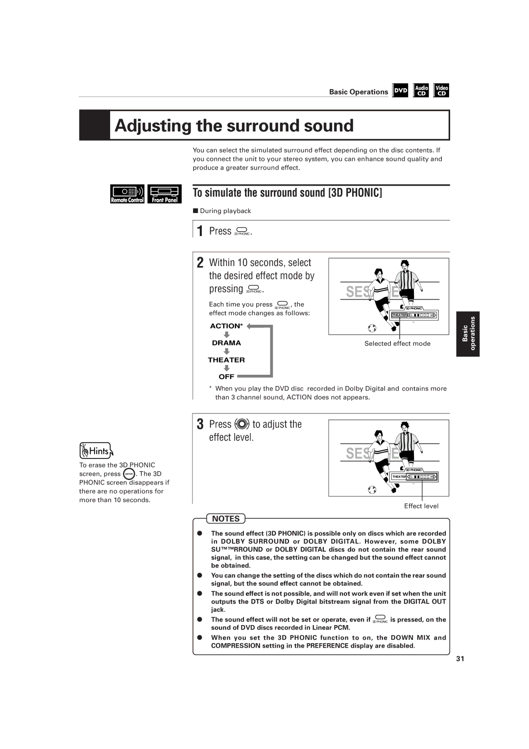 JVC XV-501BK Adjusting the surround sound, To simulate the surround sound 3D Phonic, Press to adjust the effect level 