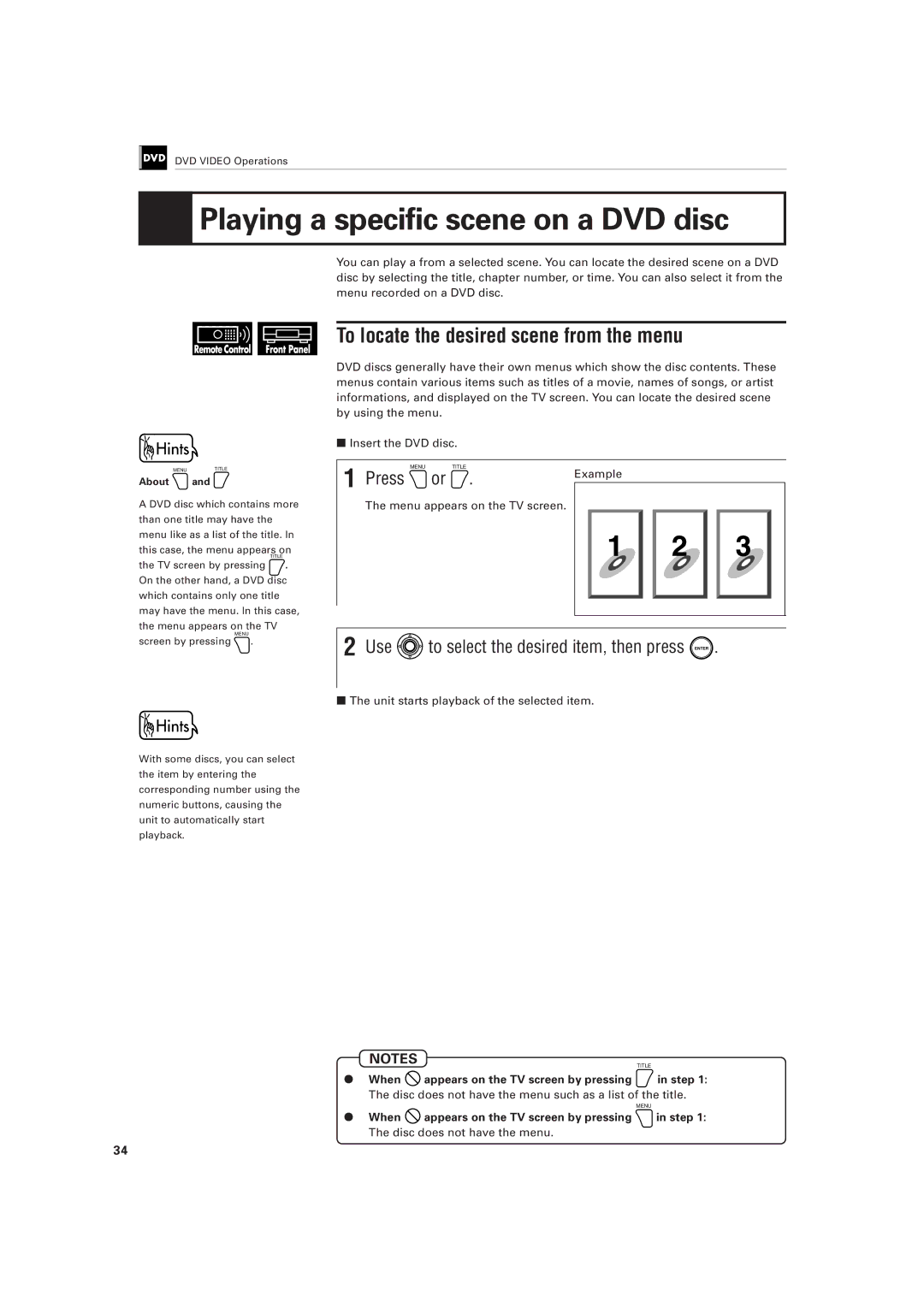 JVC XV-501BK manual Playing a specific scene on a DVD disc, To locate the desired scene from the menu, Press 