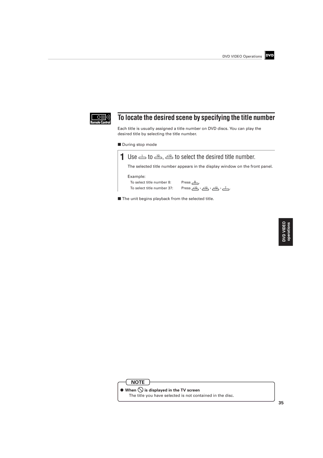 JVC XV-501BK manual Use 1 to 10 , +10 to select the desired title number, Unit begins playback from the selected title 