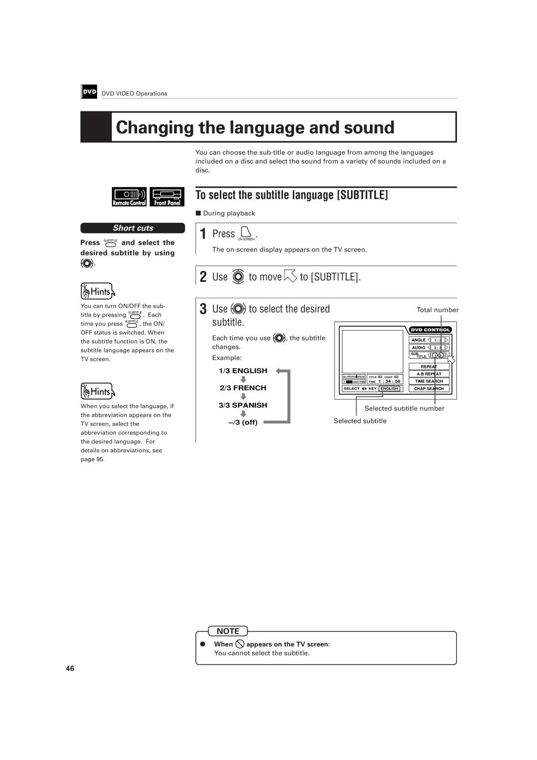 JVC XV-501BK manual Changing the language and sound, To select the subtitle language Subtitle 