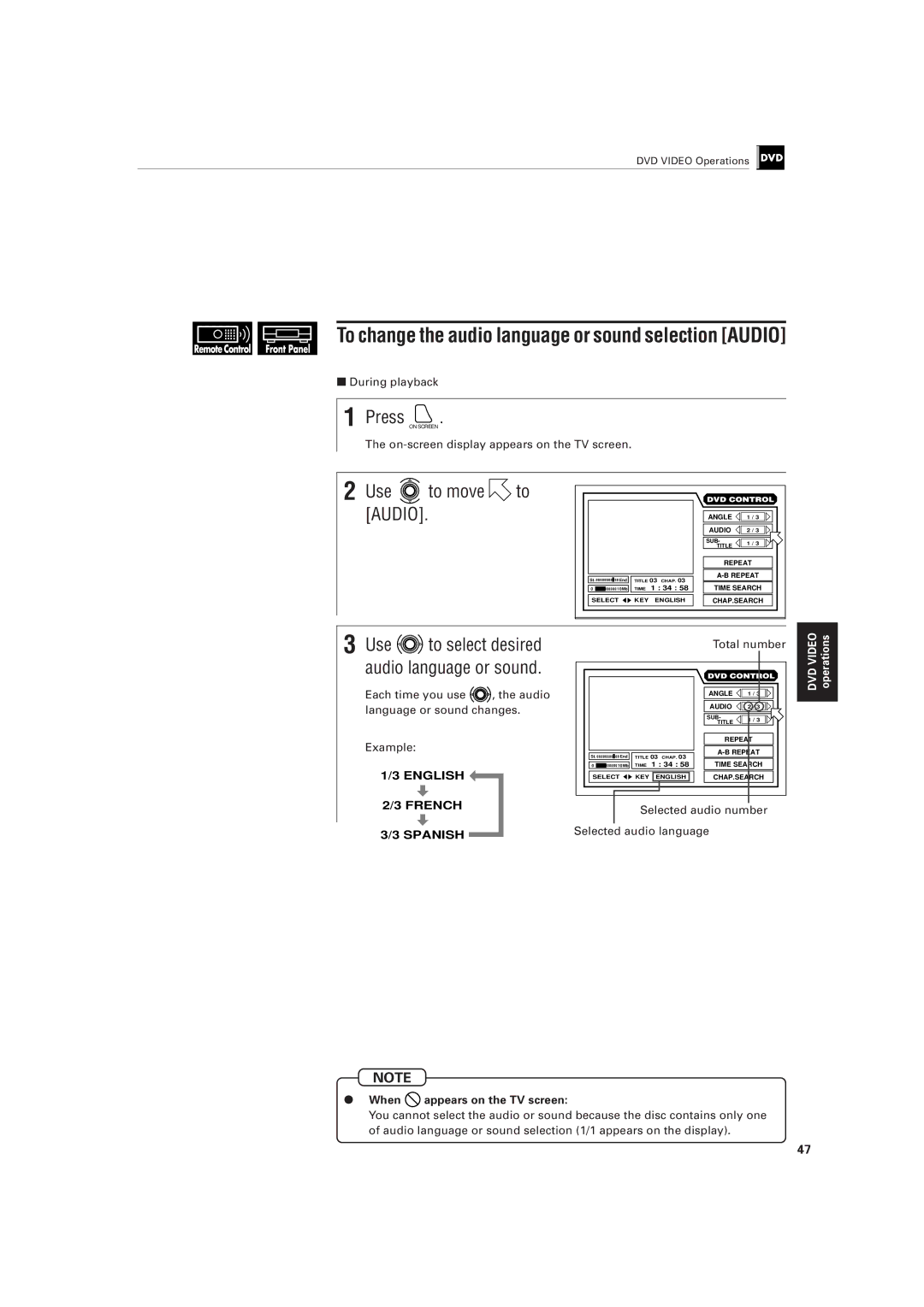 JVC XV-501BK manual Use to move Audio, Use to select desired audio language or sound, Total number, Selected audio number 