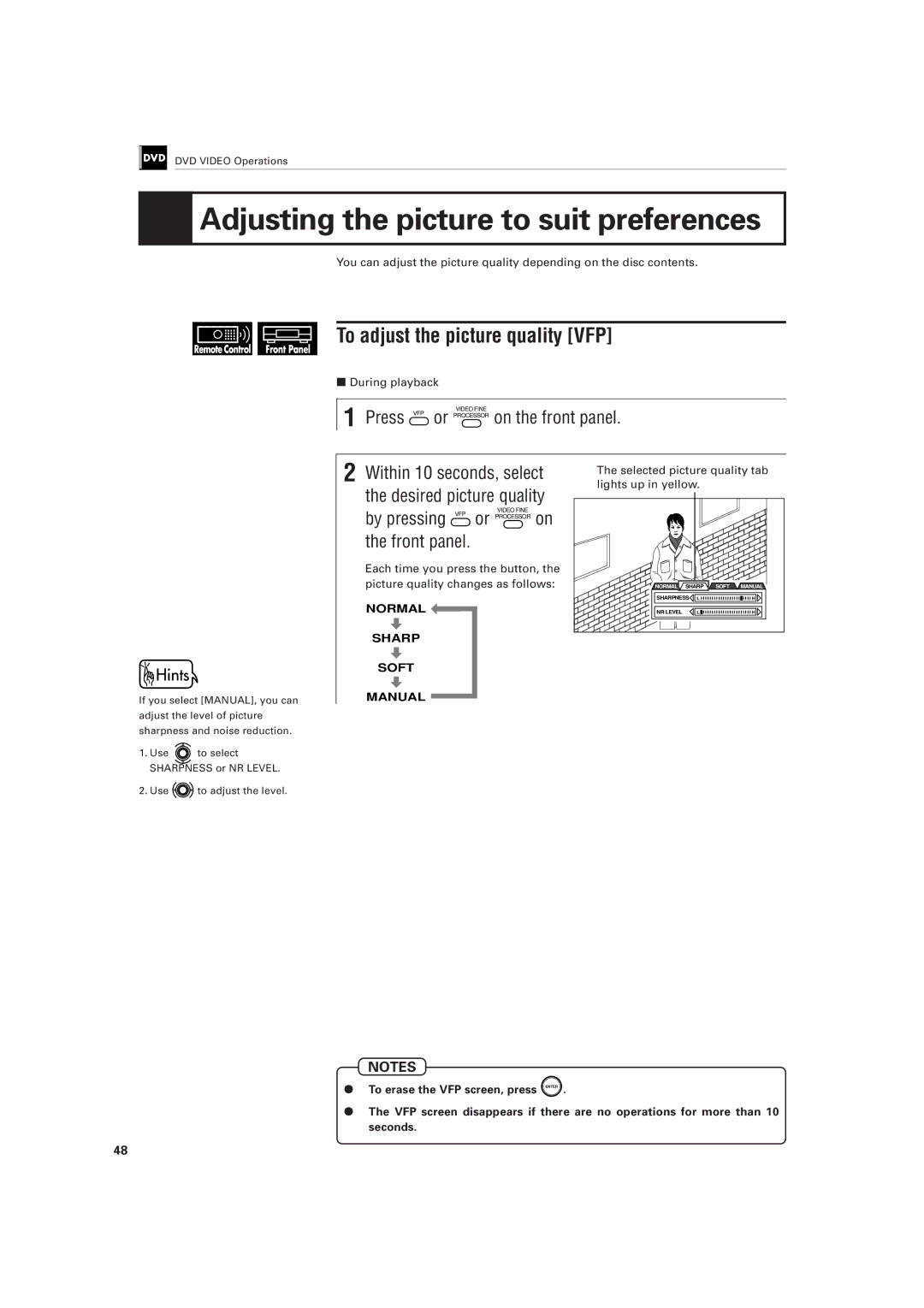 JVC XV-501BK manual Adjusting the picture to suit preferences, To adjust the picture quality VFP 