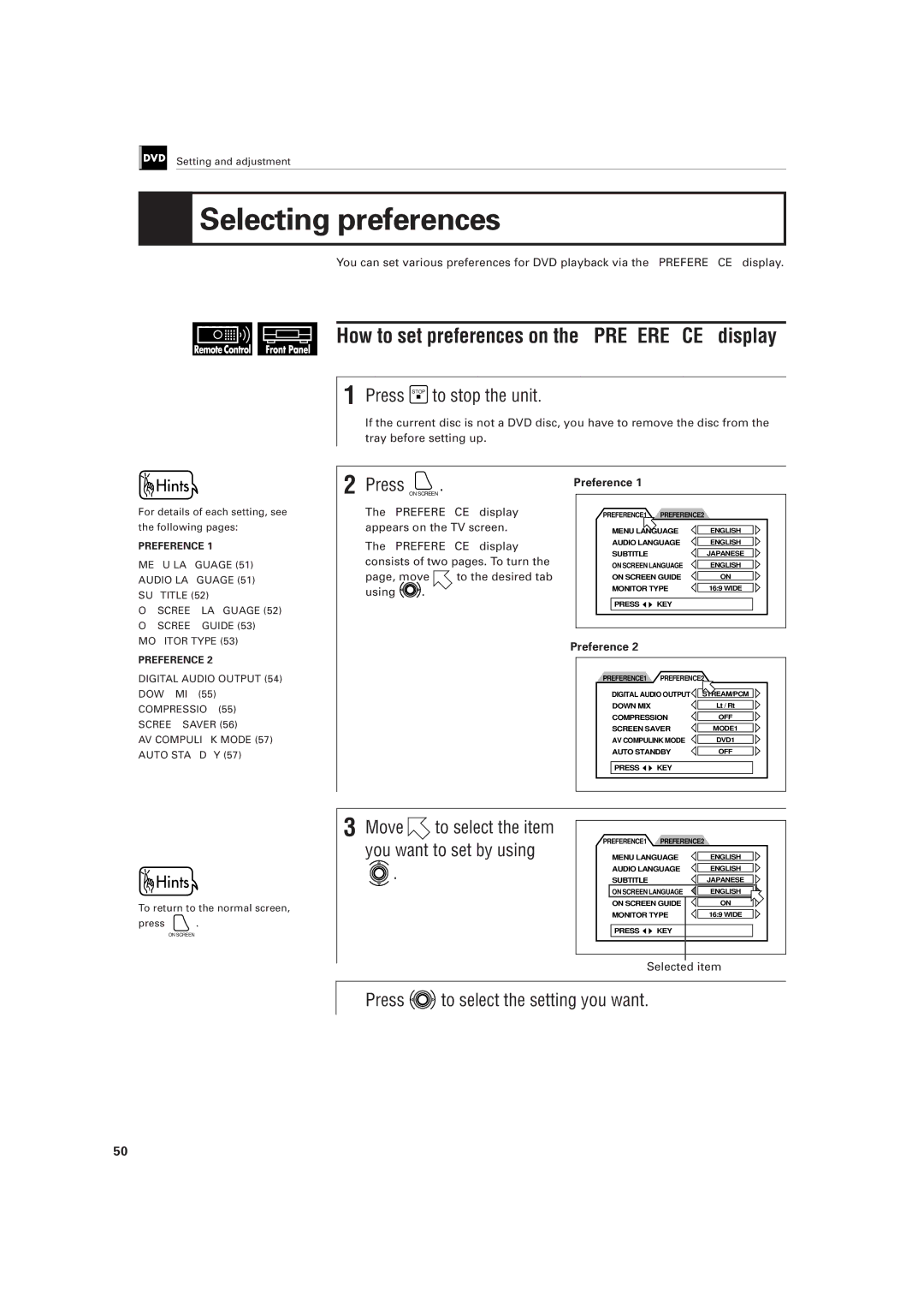 JVC XV-501BK manual Selecting preferences, Press Stop to stop the unit, Move to select the item you want to set by using 