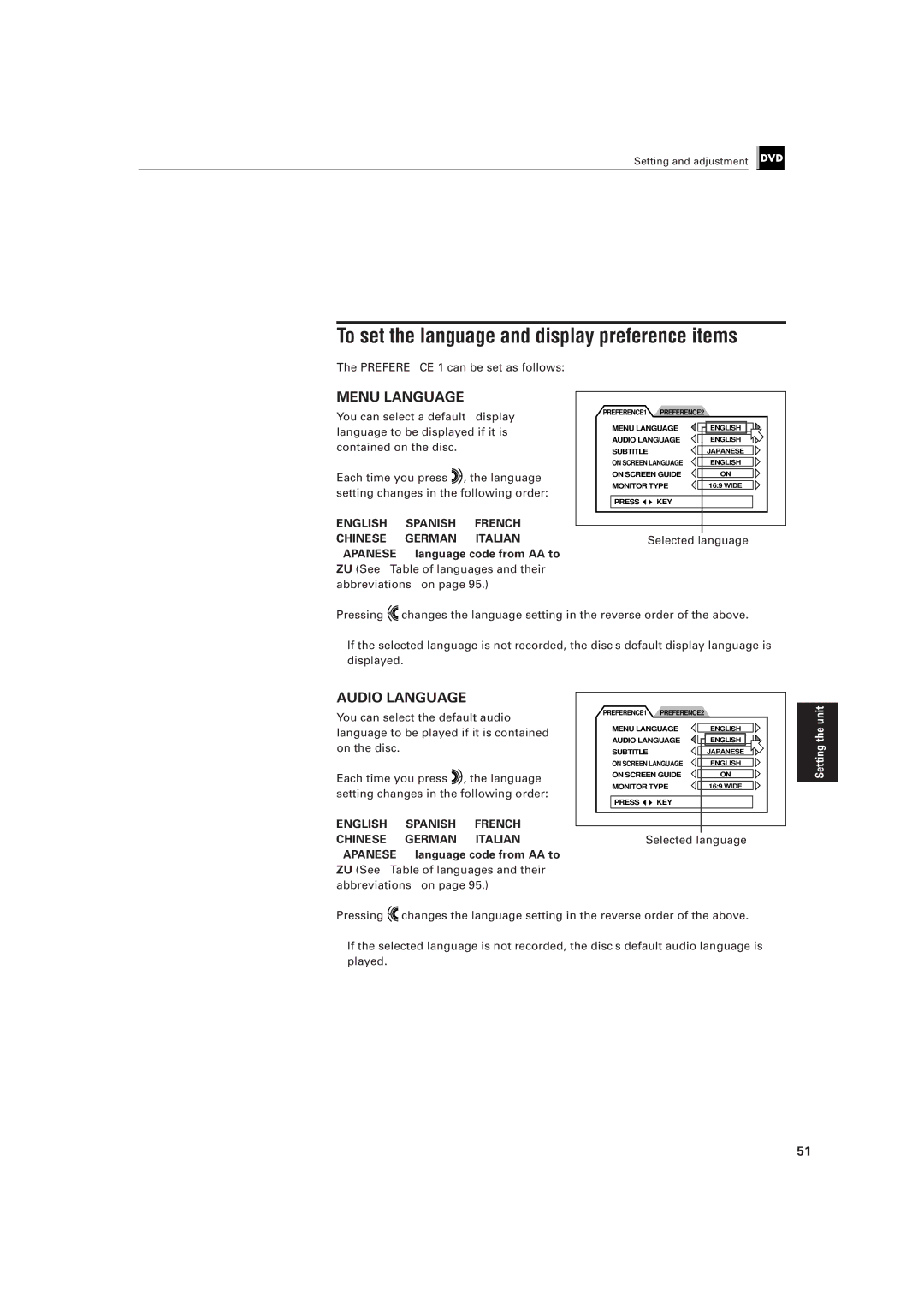 JVC XV-501BK manual To set the language and display preference items, Preference 1 can be set as follows, Selected language 