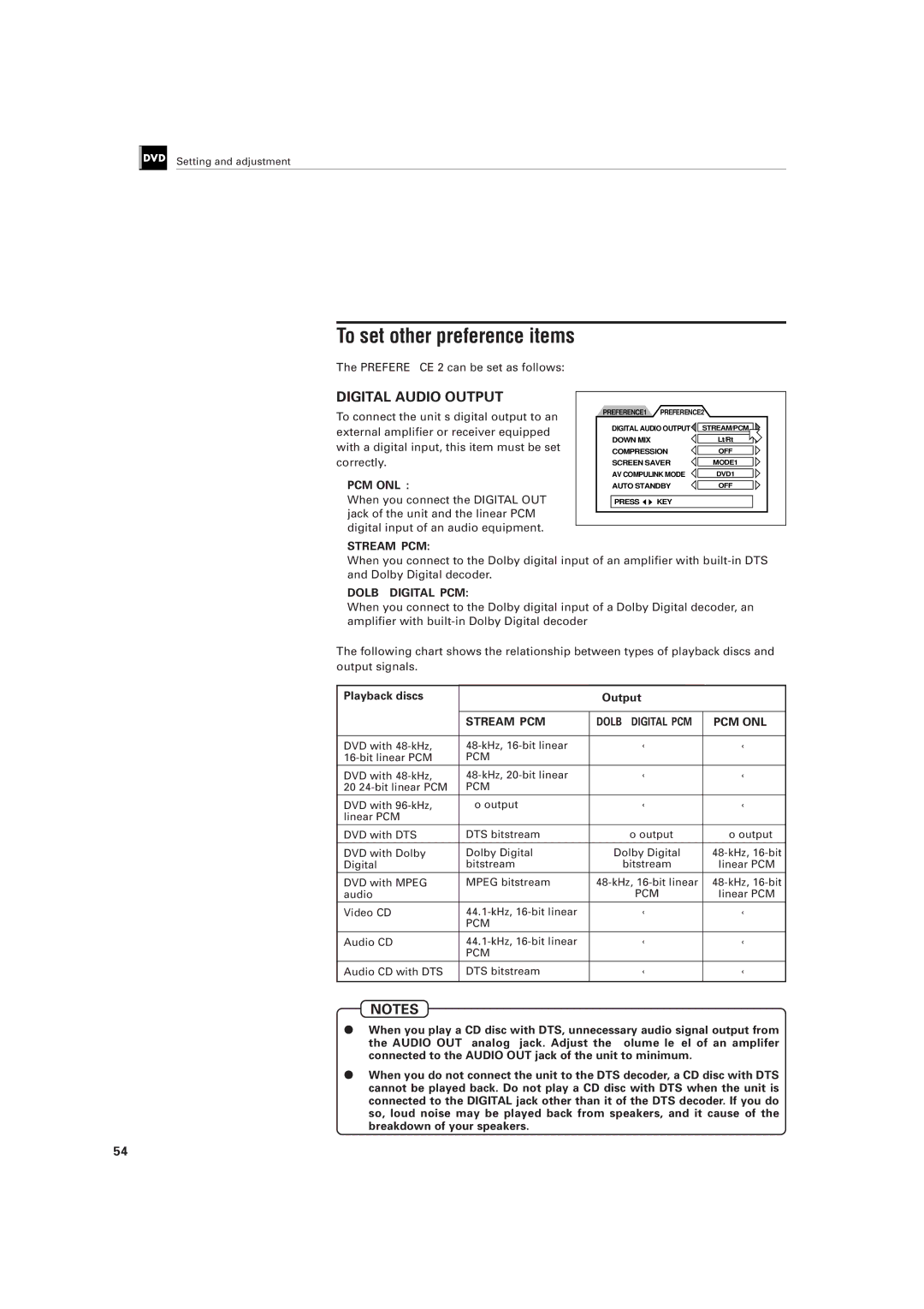 JVC XV-501BK manual To set other preference items, Preference 2 can be set as follows, Playback discs Output 