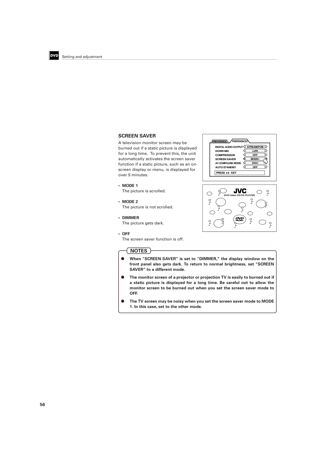 JVC XV-501BK manual Mode, Picture is scrolled, Picture is not scrolled, Picture gets dark, Screen saver function is off 