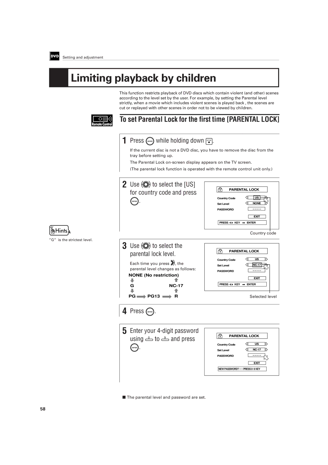 JVC XV-501BK manual Limiting playback by children, To set Parental Lock for the first time Parental Lock 