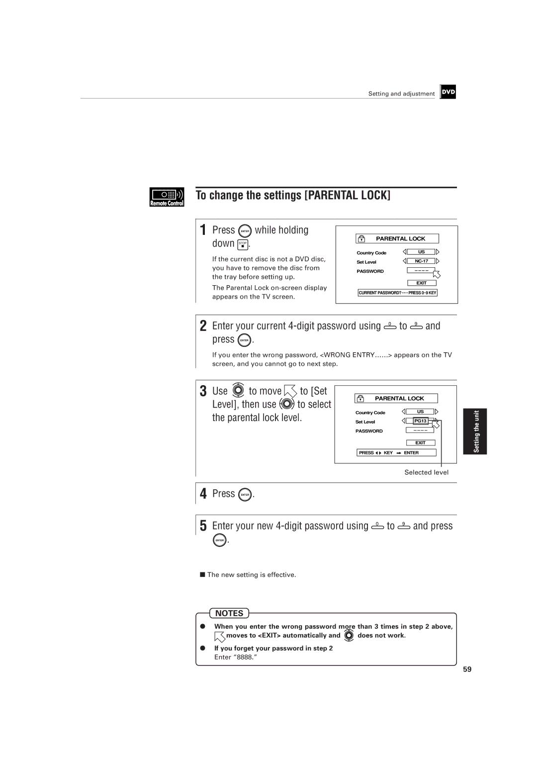 JVC XV-501BK manual To change the settings Parental Lock, Level, then use to select the parental lock level 