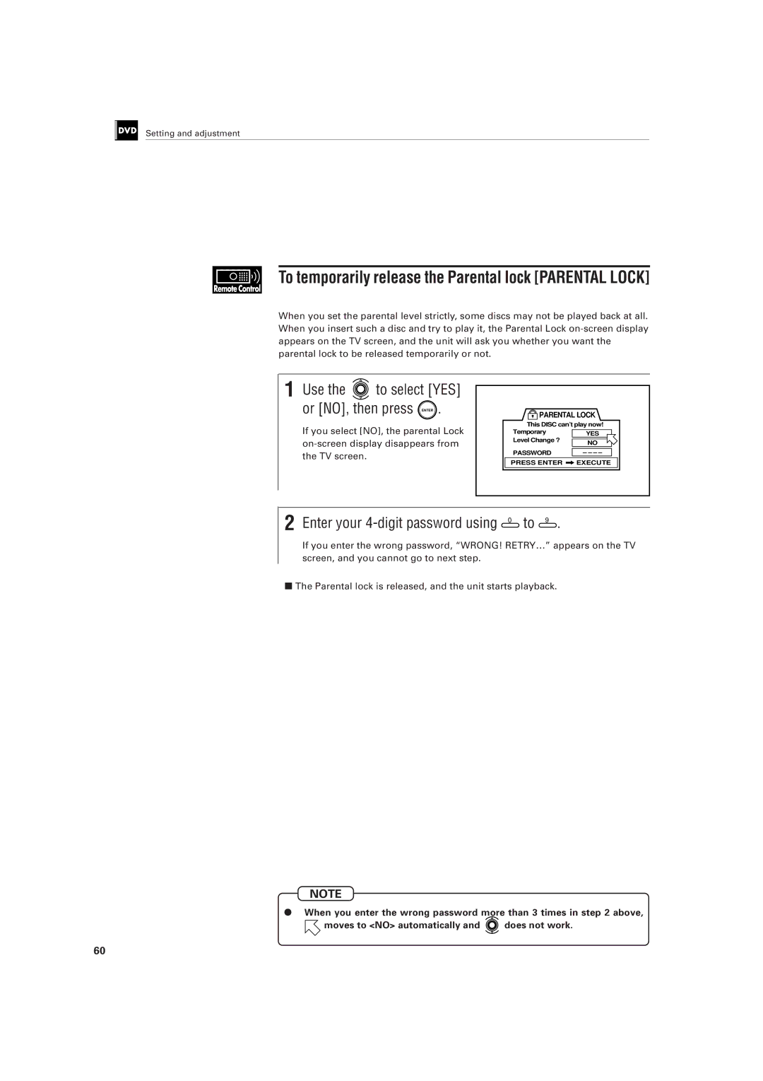 JVC XV-501BK manual To temporarily release the Parental lock Parental Lock, Enter your 4-digit password using 0 to 