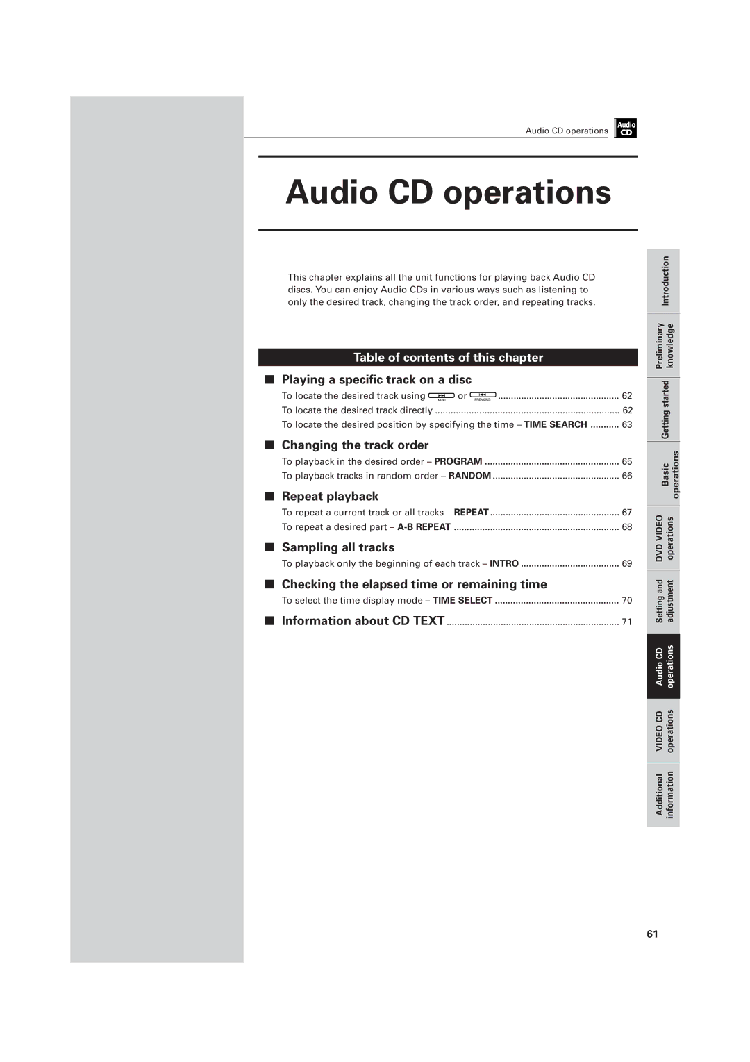 JVC XV-501BK manual To playback only the beginning of each track Intro, To select the time display mode Time Select 