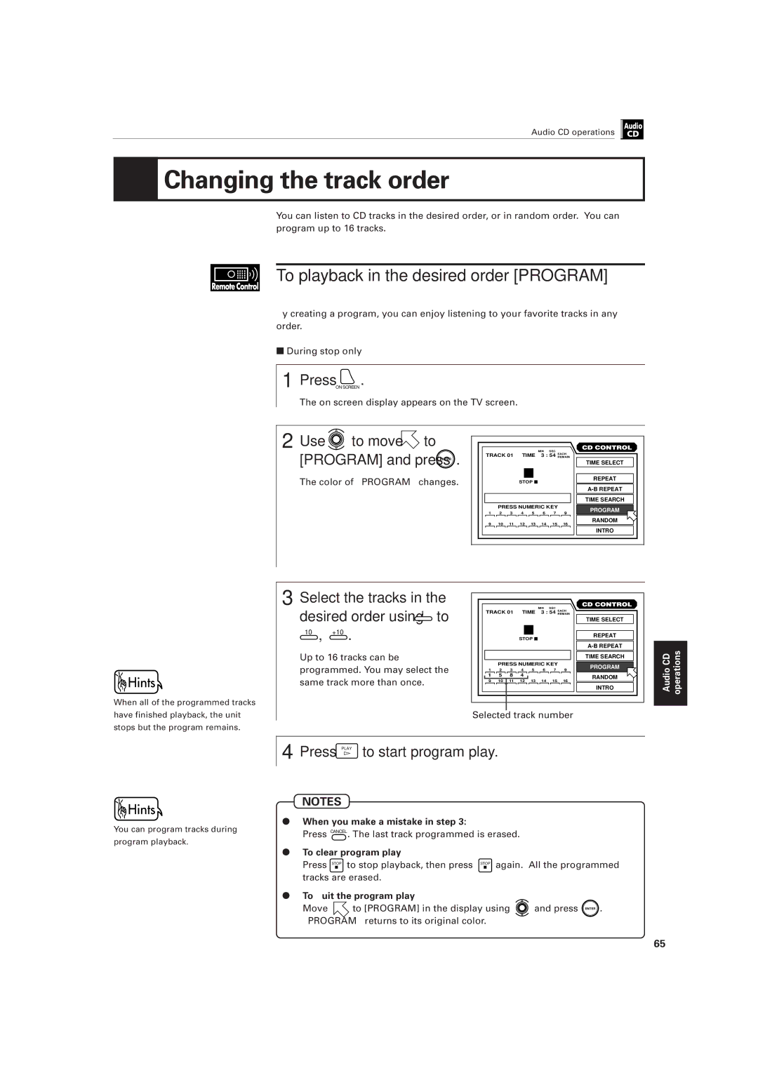 JVC XV-501BK manual Changing the track order, To playback in the desired order Program, Press Play to start program play 