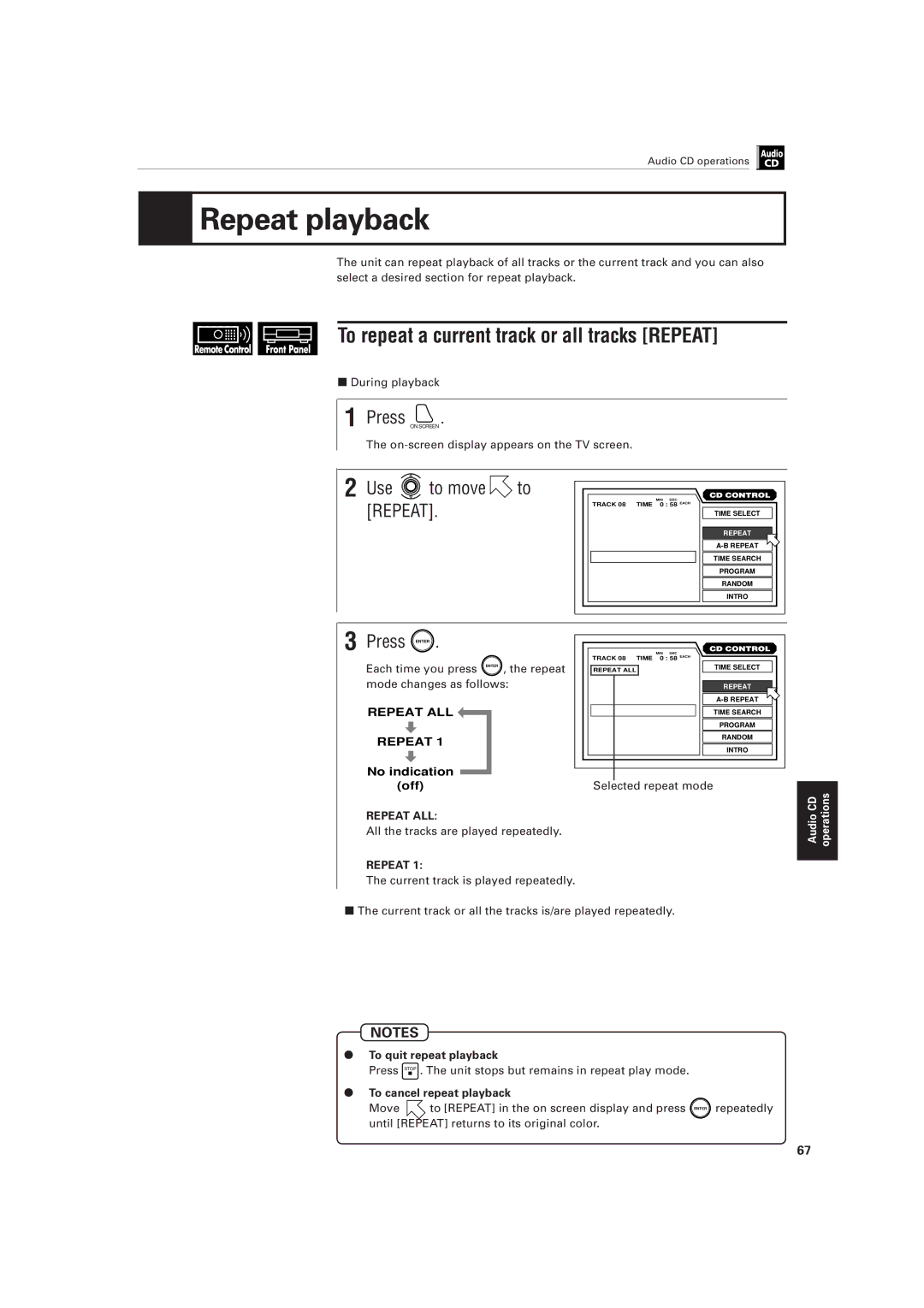 JVC XV-501BK manual To repeat a current track or all tracks Repeat, Use To move, To quit repeat playback 