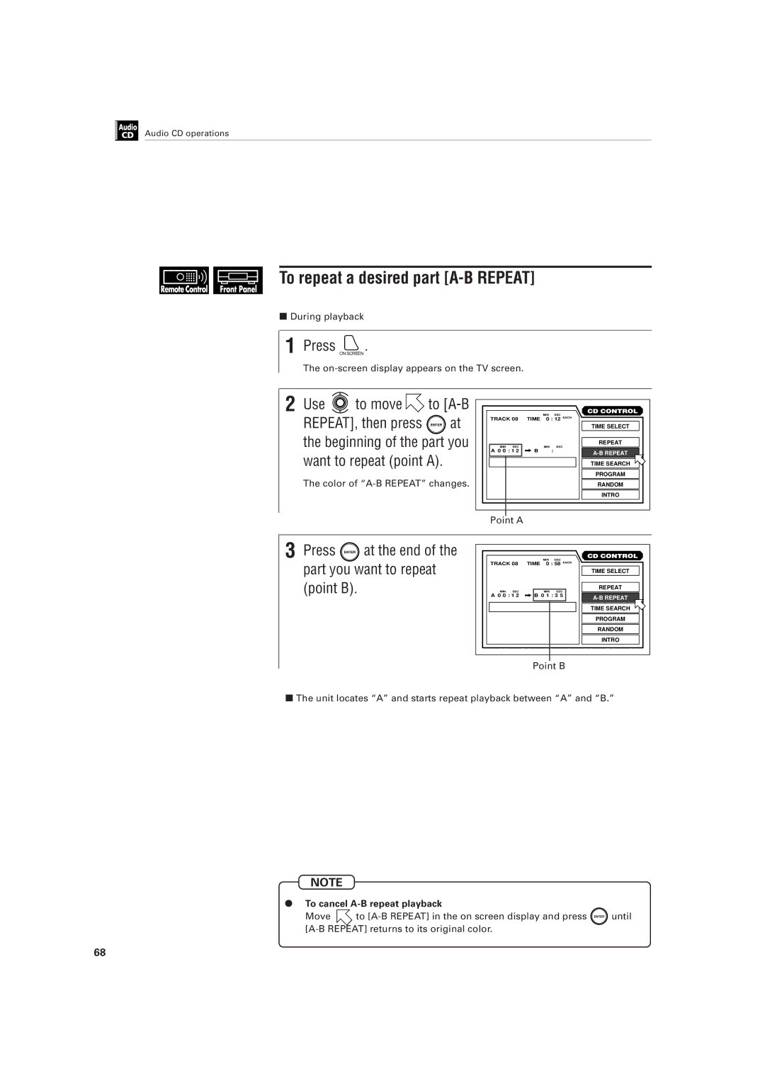 JVC XV-501BK manual Use to move to A-B, Press Enter at the end, Part you want to repeat point B 