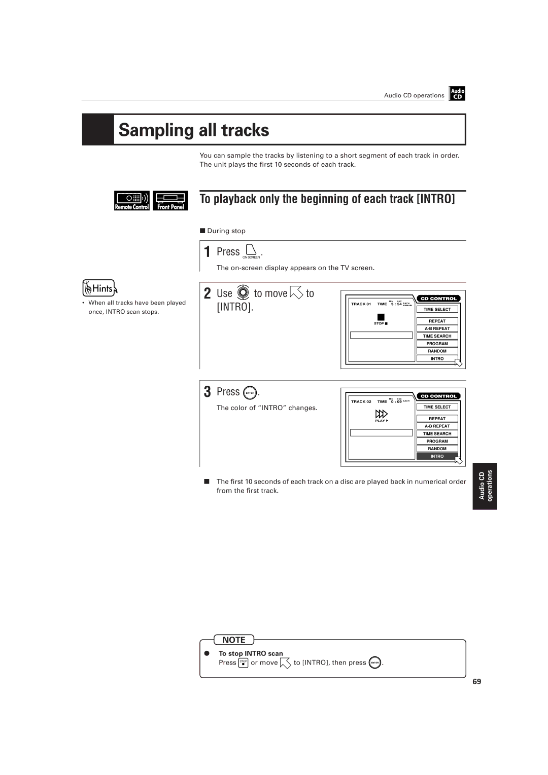 JVC XV-501BK manual Sampling all tracks, Use to move to Intro, Color of Intro changes, To stop Intro scan 