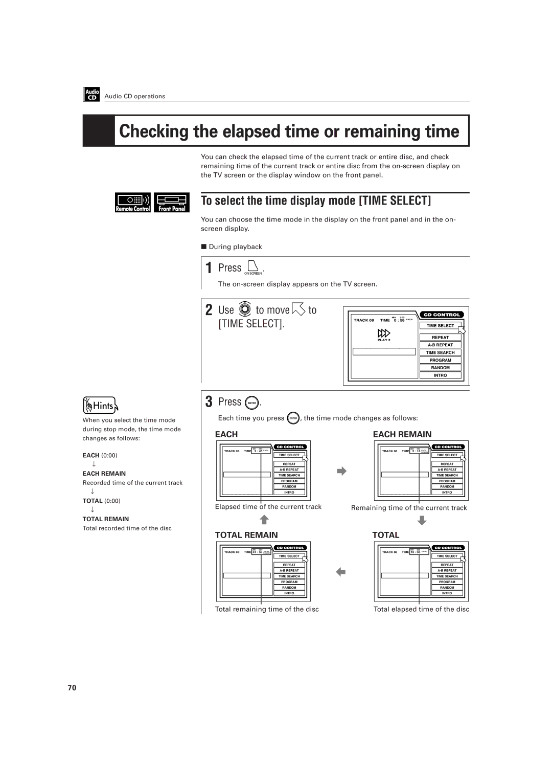 JVC XV-501BK To select the time display mode Time Select, Each time you press Enter , the time mode changes as follows 