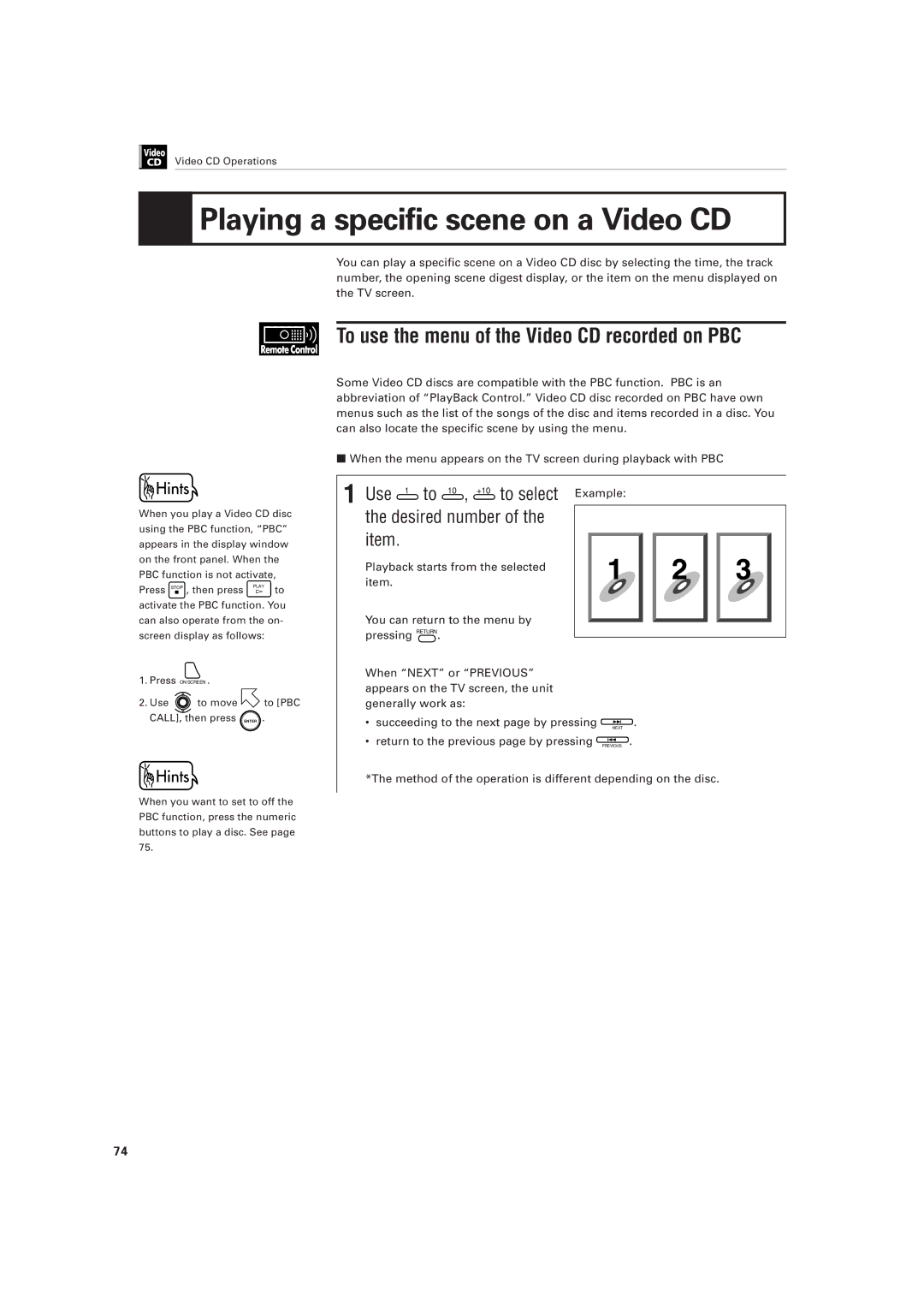 JVC XV-501BK manual Playing a specific scene on a Video CD, To use the menu of the Video CD recorded on PBC, Use 