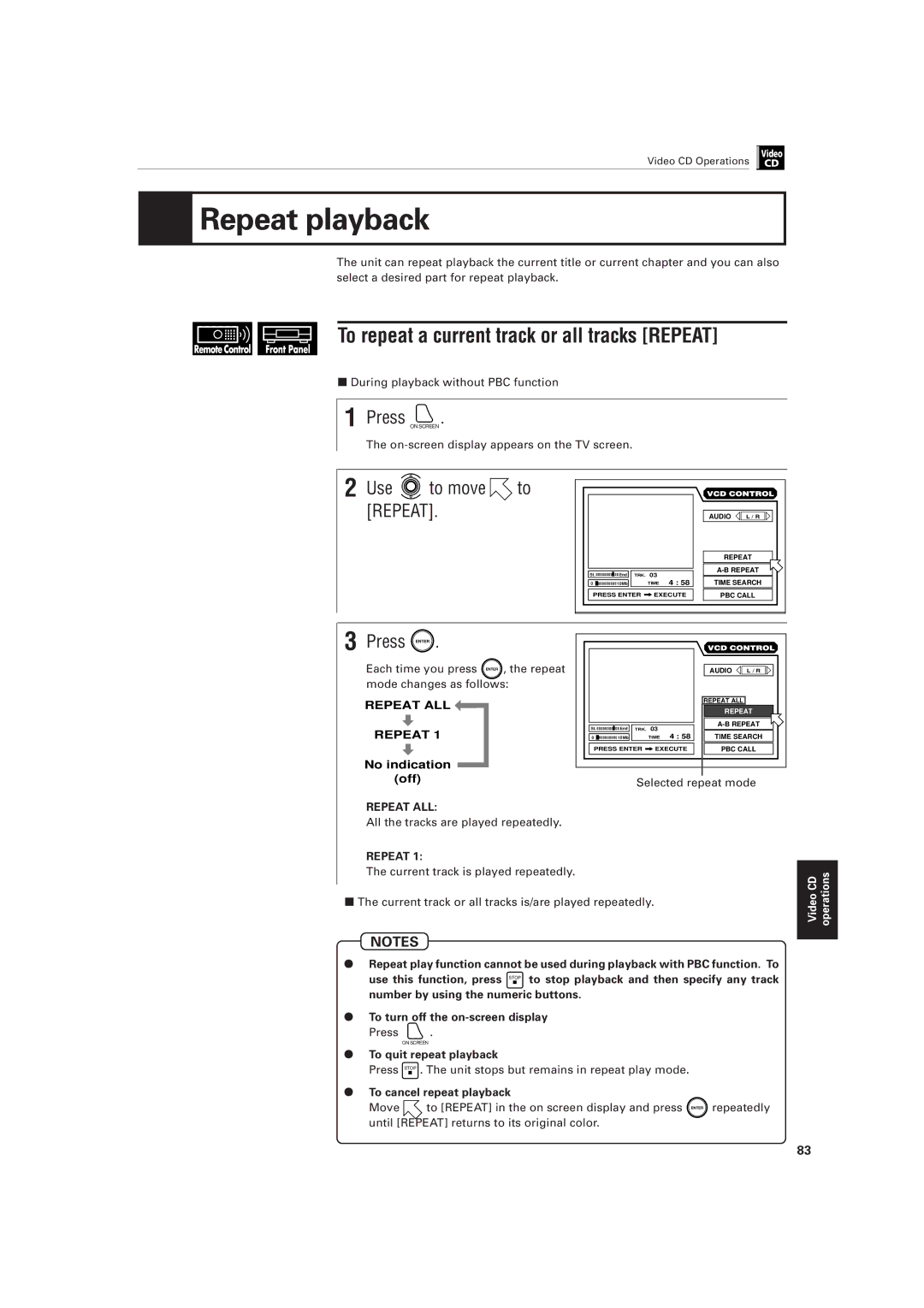 JVC XV-501BK manual Use to move to Repeat, 7During playback without PBC function 