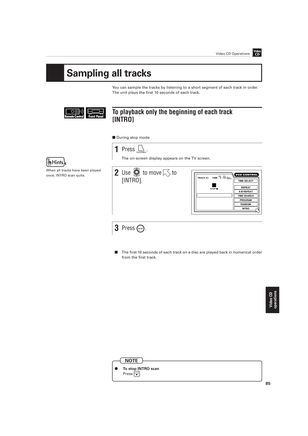 JVC XV-501BK manual To playback only the beginning of each track Intro, To stop Intro scan Press Stop 