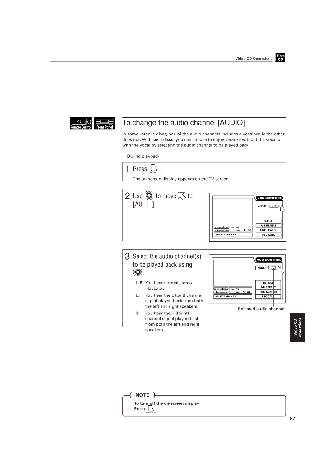 JVC XV-501BK To change the audio channel Audio, Select the audio channels to be played back using, Selected audio channel 