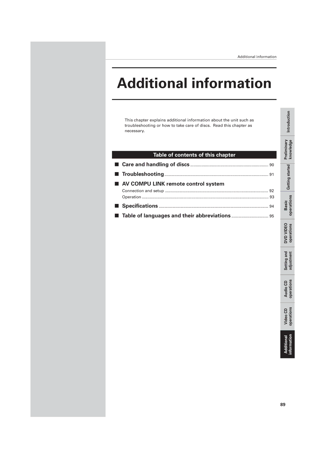 JVC XV-501BK manual Care and handling of discs Troubleshooting, Connection and setup Operation Specifications 