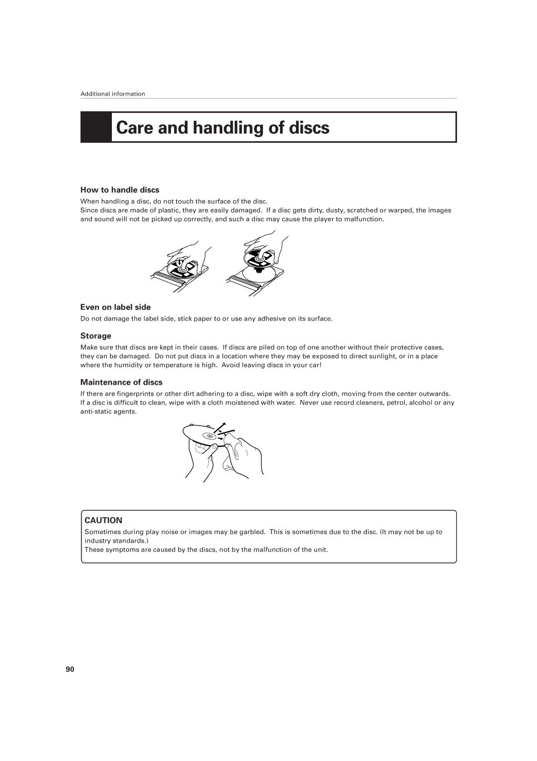 JVC XV-501BK manual Care and handling of discs, How to handle discs, Even on label side, Storage, Maintenance of discs 