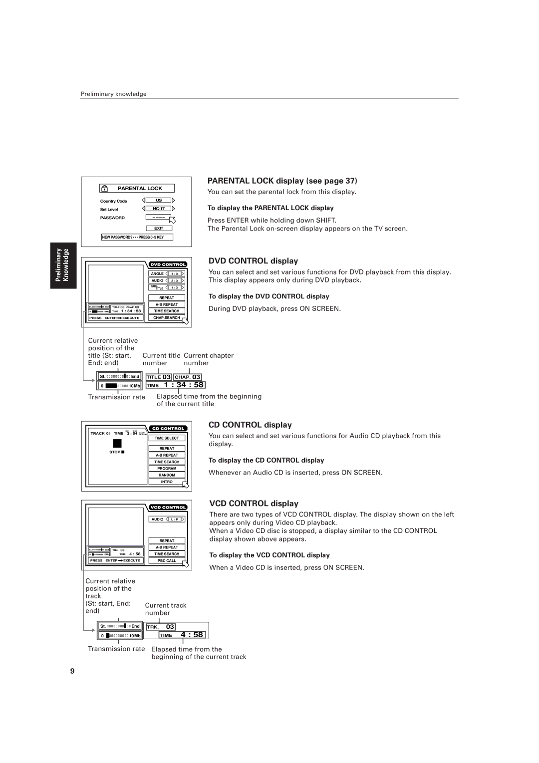 JVC XV-511BK manual Parental Lock display see, DVD Control display, VCD Control display 