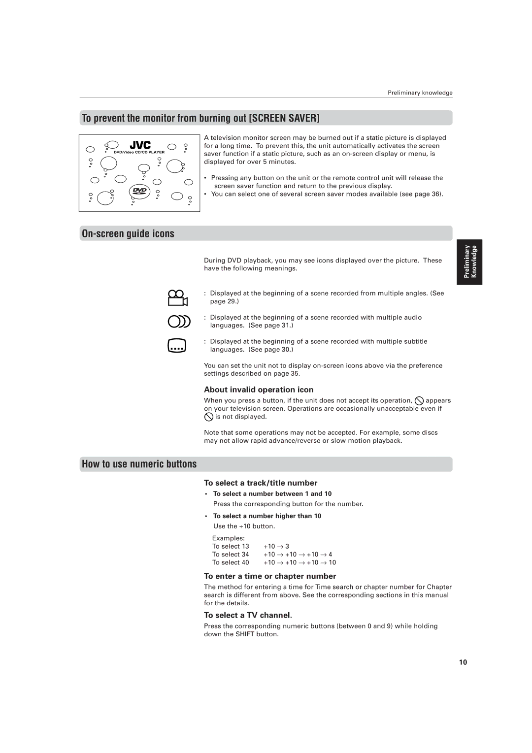 JVC XV-511BK manual To prevent the monitor from burning out Screen Saver, On-screen guide icons, How to use numeric buttons 