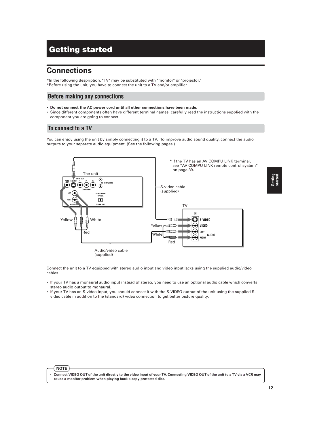 JVC XV-511BK manual Getting started, Connections, Before making any connections, To connect to a TV, White 