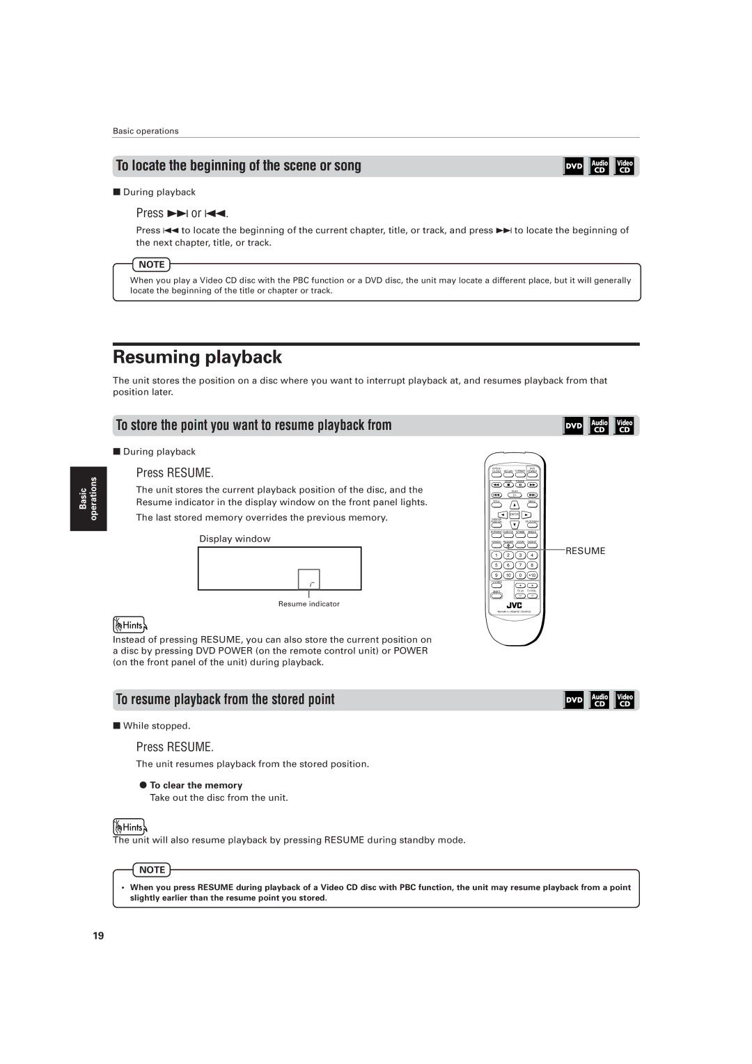 JVC XV-511BK Resuming playback, To locate the beginning of the scene or song, To resume playback from the stored point 