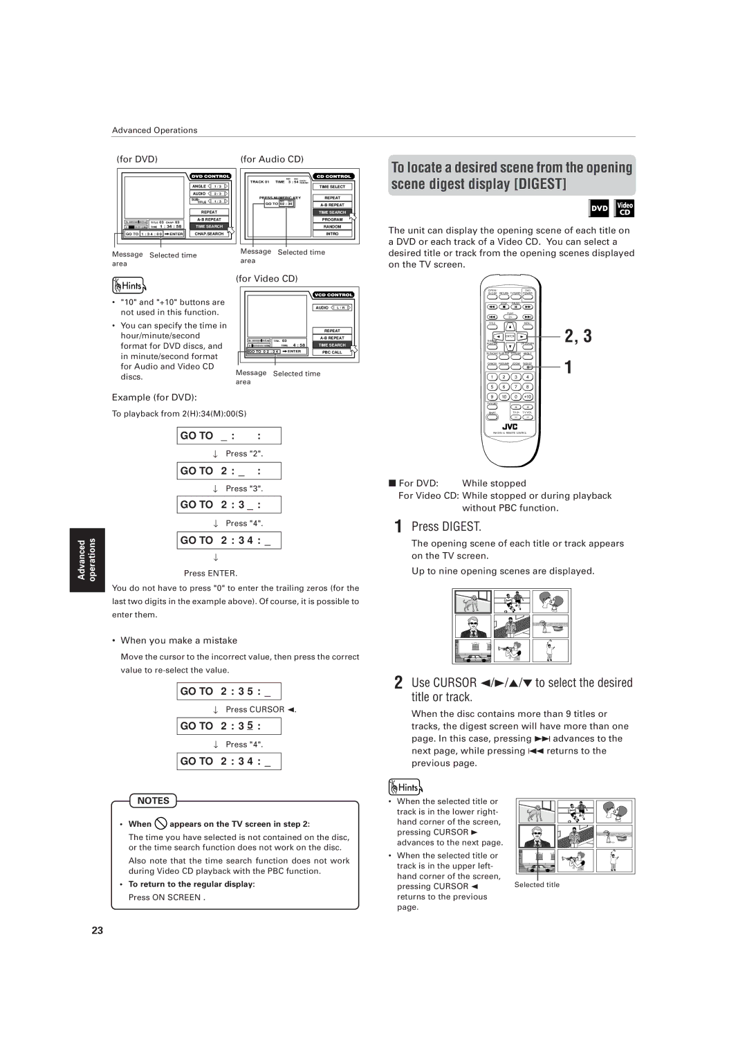 JVC XV-511BK Press Digest, Use Cursor 2/3/5/to select the desired title or track, For DVD For Audio CD, Example for DVD 