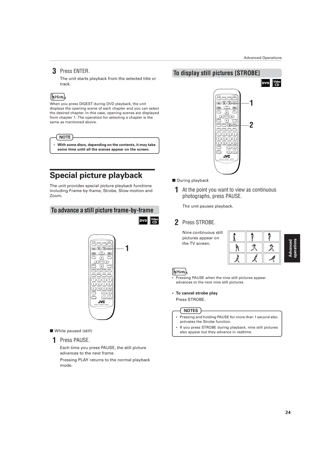 JVC XV-511BK manual Special picture playback, To display still pictures Strobe 