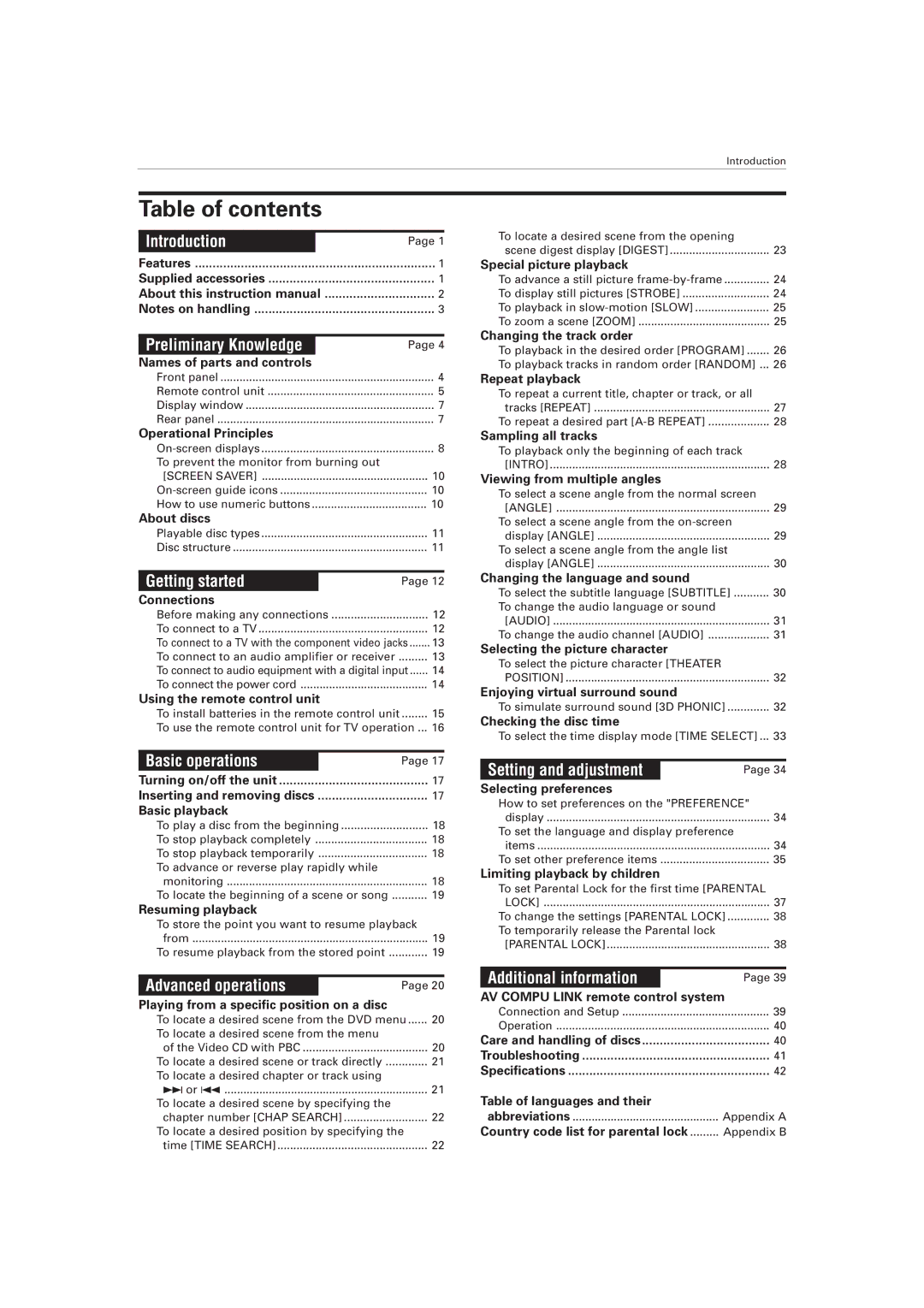 JVC XV-511BK manual Table of contents 