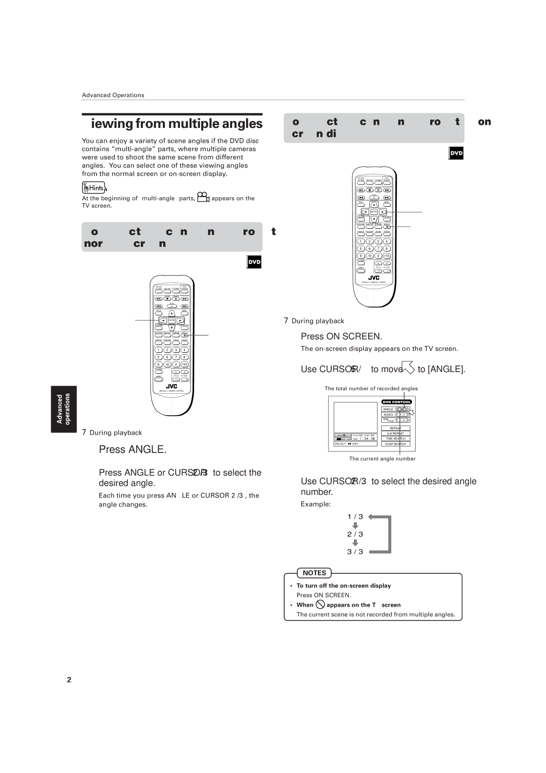 JVC XV-511BK manual Viewing from multiple angles, To select a scene angle from the normal screen Angle 