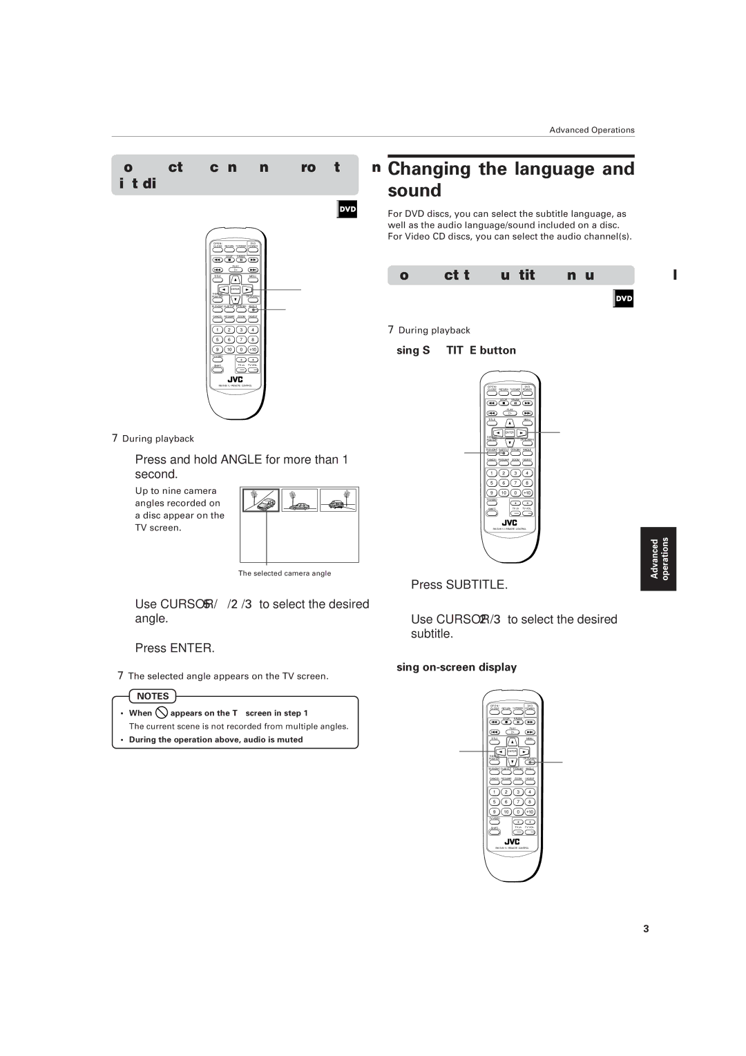 JVC XV-511BK manual Changing the language and sound, To select a scene angle from the angle list display Angle 