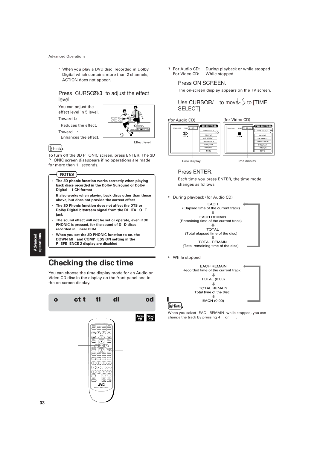 JVC XV-511BK Checking the disc time, To select the time display mode Time, Press Cursor 2/3 to adjust the effect level 