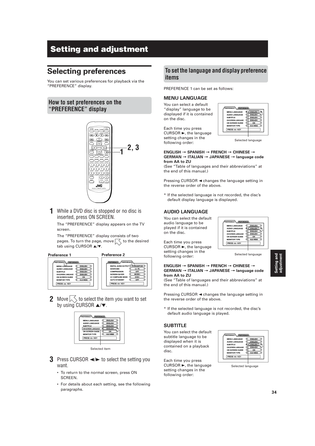 JVC XV-511BK manual Setting and adjustment, Selecting preferences, To set the language and display preference items 