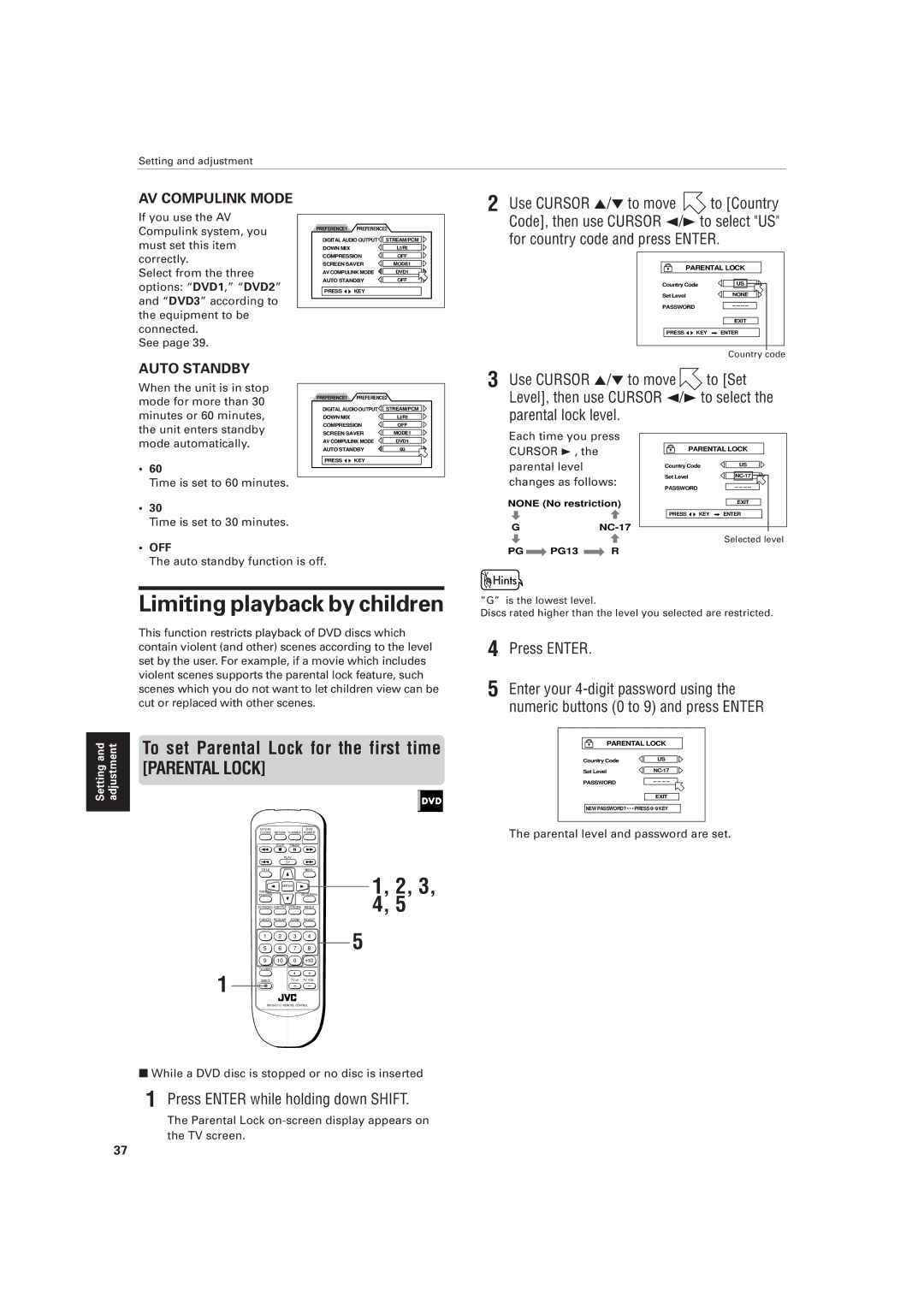 JVC XV-511BK manual Limiting playback by children, To set Parental Lock for the first time, Use Cursor 5/ to move, To Set 