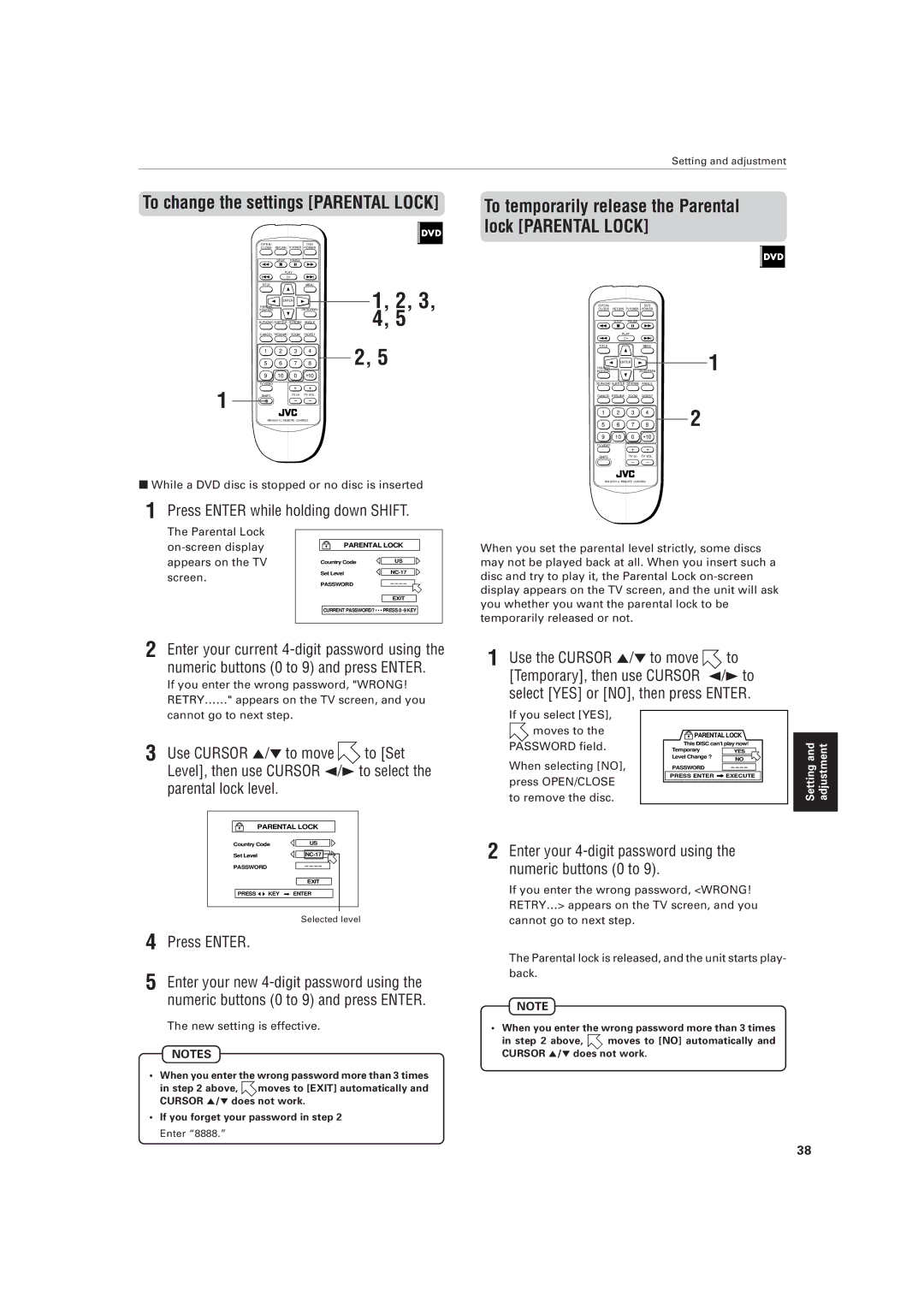 JVC XV-511BK manual To change the settings Parental Lock, To temporarily release the Parental lock Parental Lock 