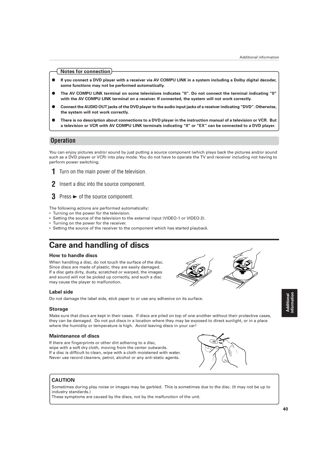 JVC XV-511BK manual Care and handling of discs, Operation 