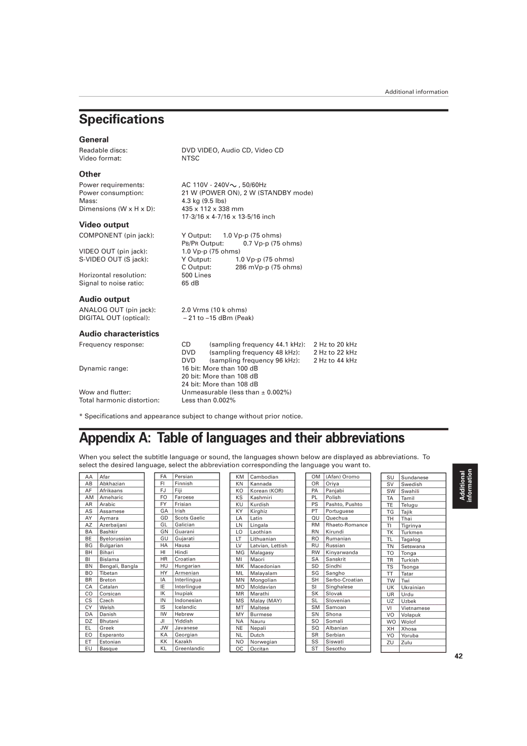 JVC XV-511BK manual Specifications 