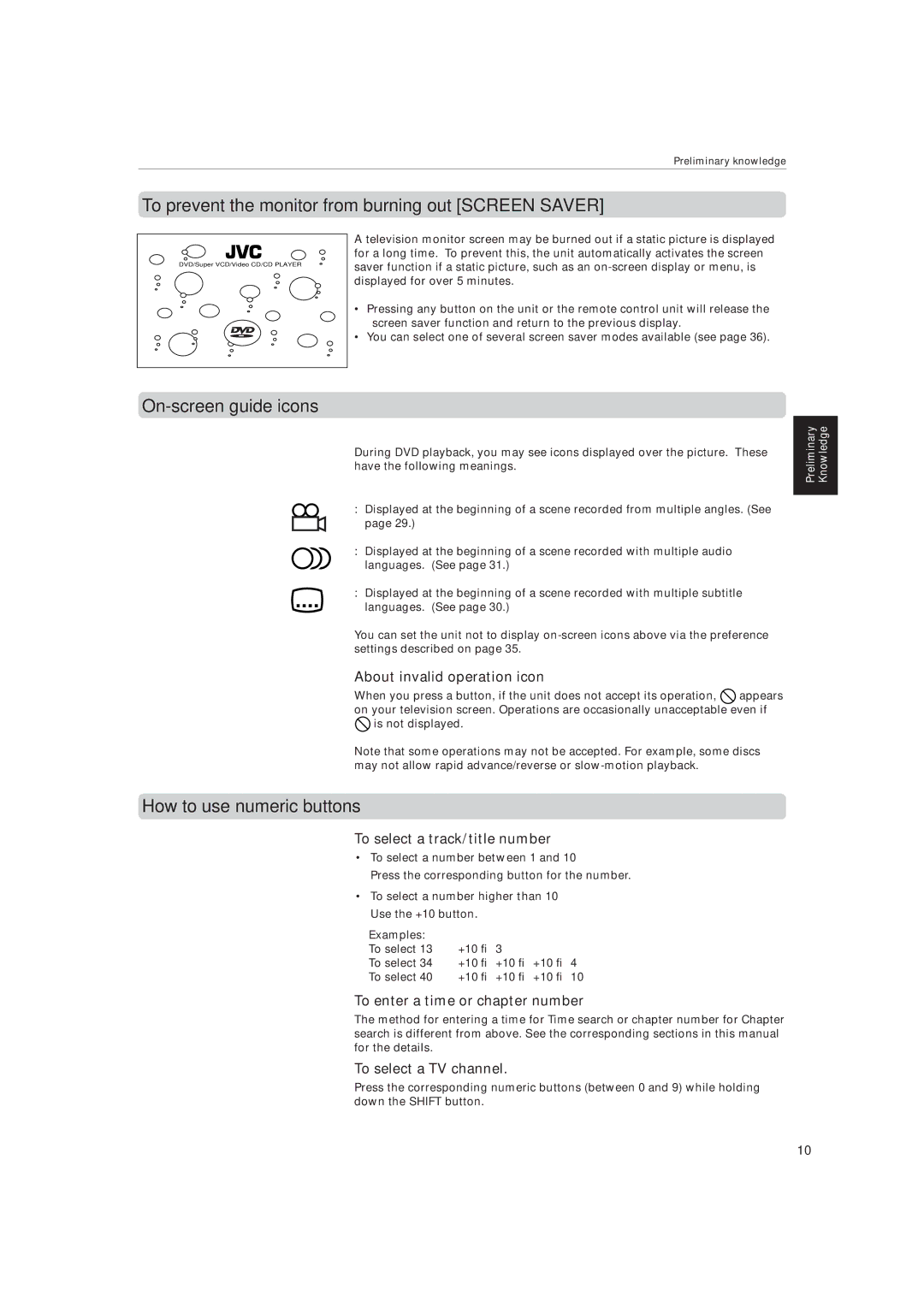 JVC XV-515GD manual To prevent the monitor from burning out Screen Saver, On-screen guide icons, How to use numeric buttons 