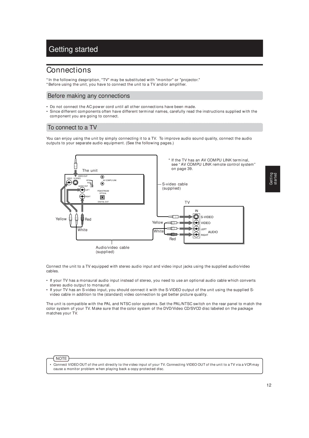 JVC XV-515GD manual Getting started, Connections, Before making any connections, To connect to a TV 