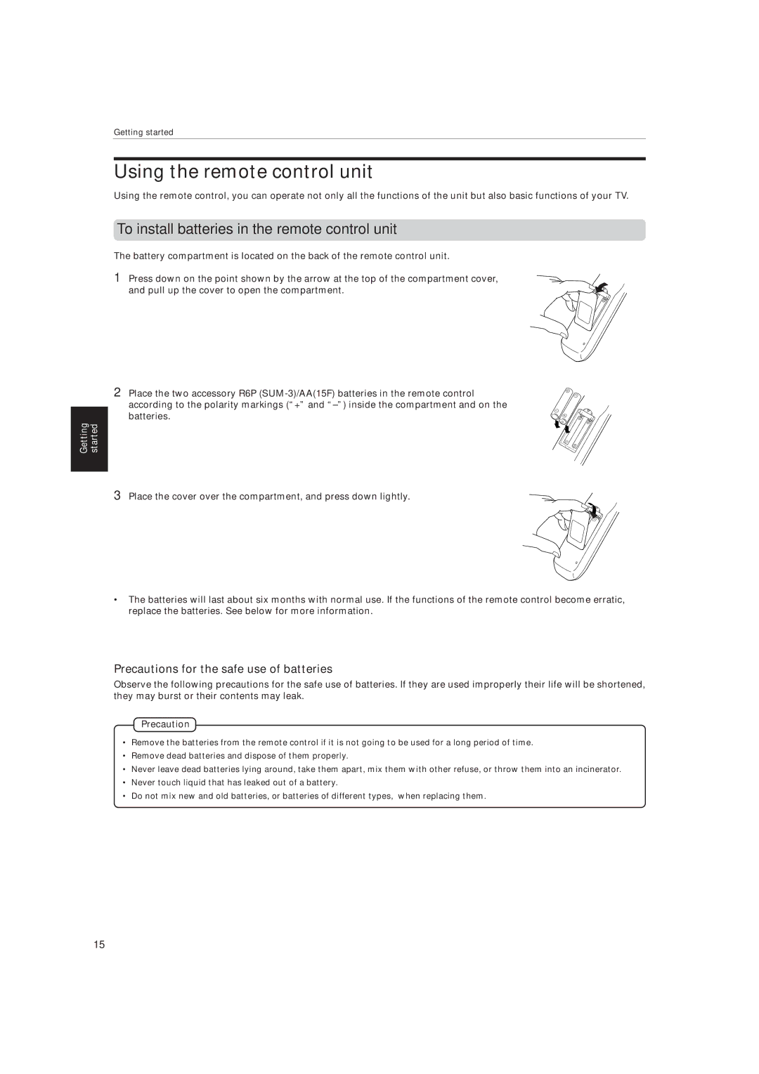 JVC XV-515GD manual Using the remote control unit, To install batteries in the remote control unit, Precaution 