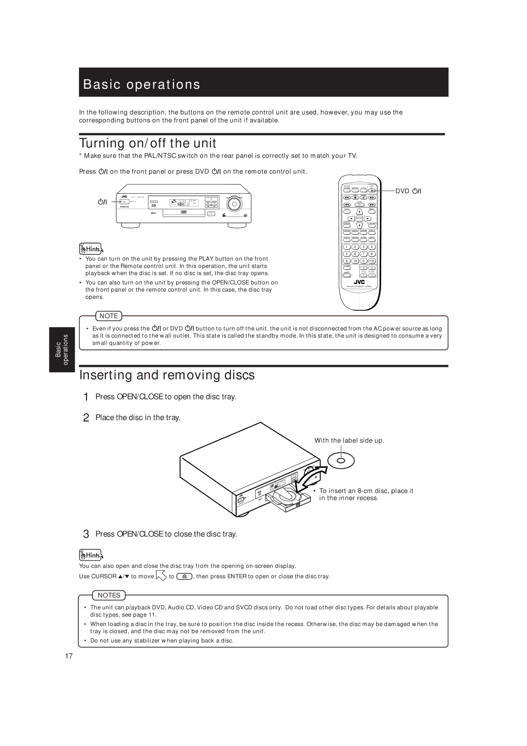 JVC XV-515GD manual Basic operations, Turning on/off the unit, Inserting and removing discs 