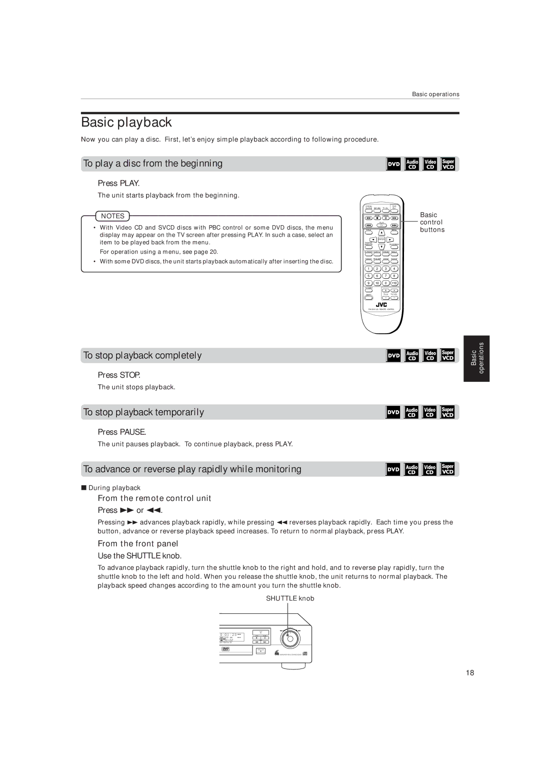 JVC XV-515GD Basic playback, To play a disc from the beginning, To stop playback completely, To stop playback temporarily 