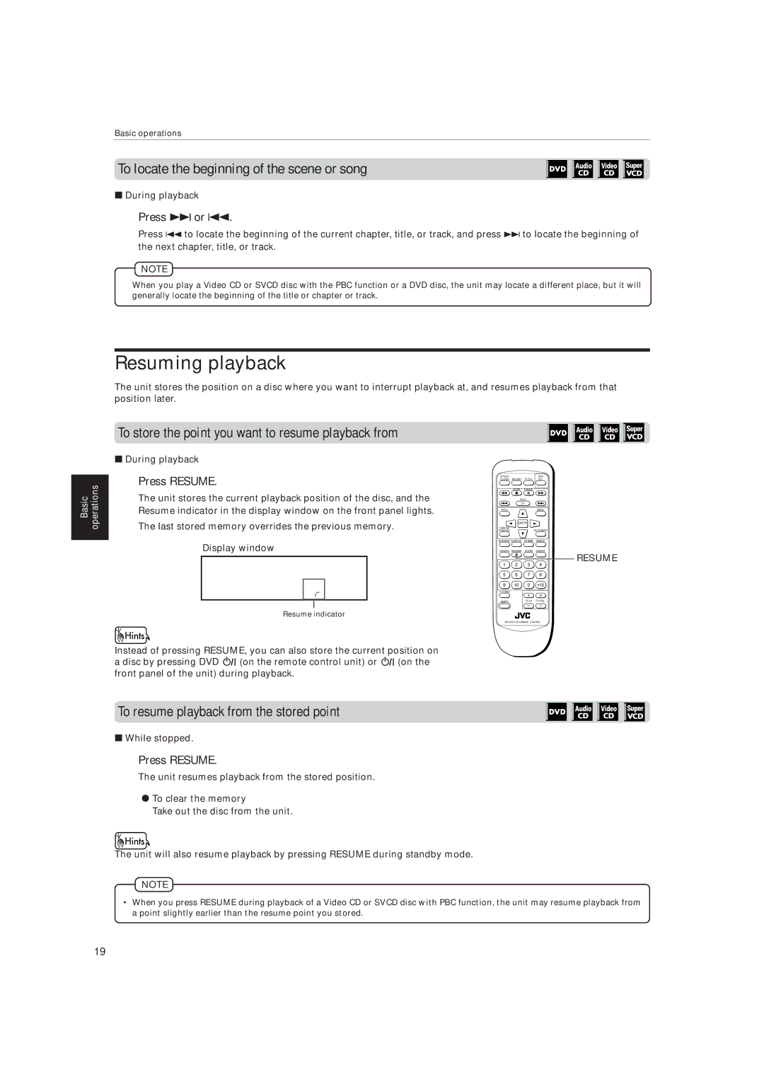 JVC XV-515GD Resuming playback, To locate the beginning of the scene or song, To resume playback from the stored point 