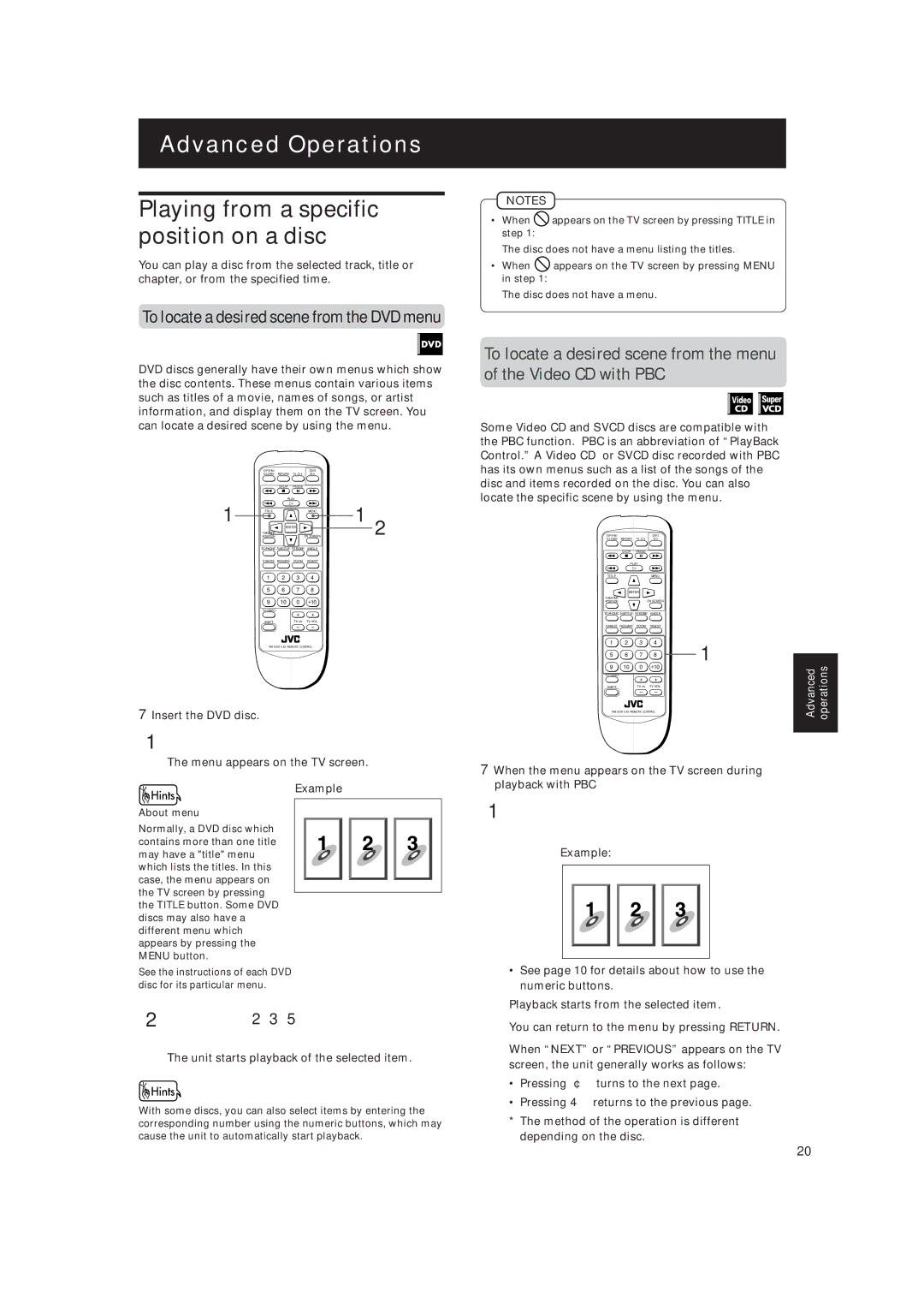 JVC XV-515GD manual Advanced Operations, Playing from a specific, Position on a disc, Press Menu or Title 