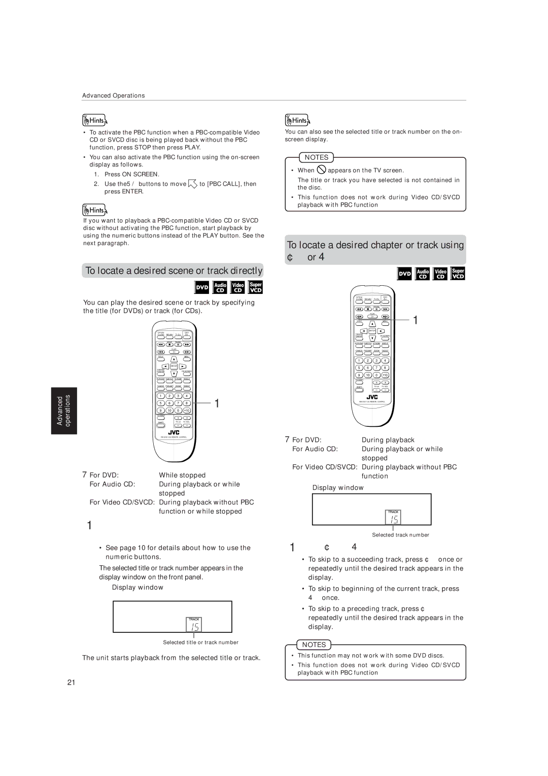 JVC XV-515GD manual ¢ or To locate a desired scene or track directly, Unit starts playback from the selected title or track 