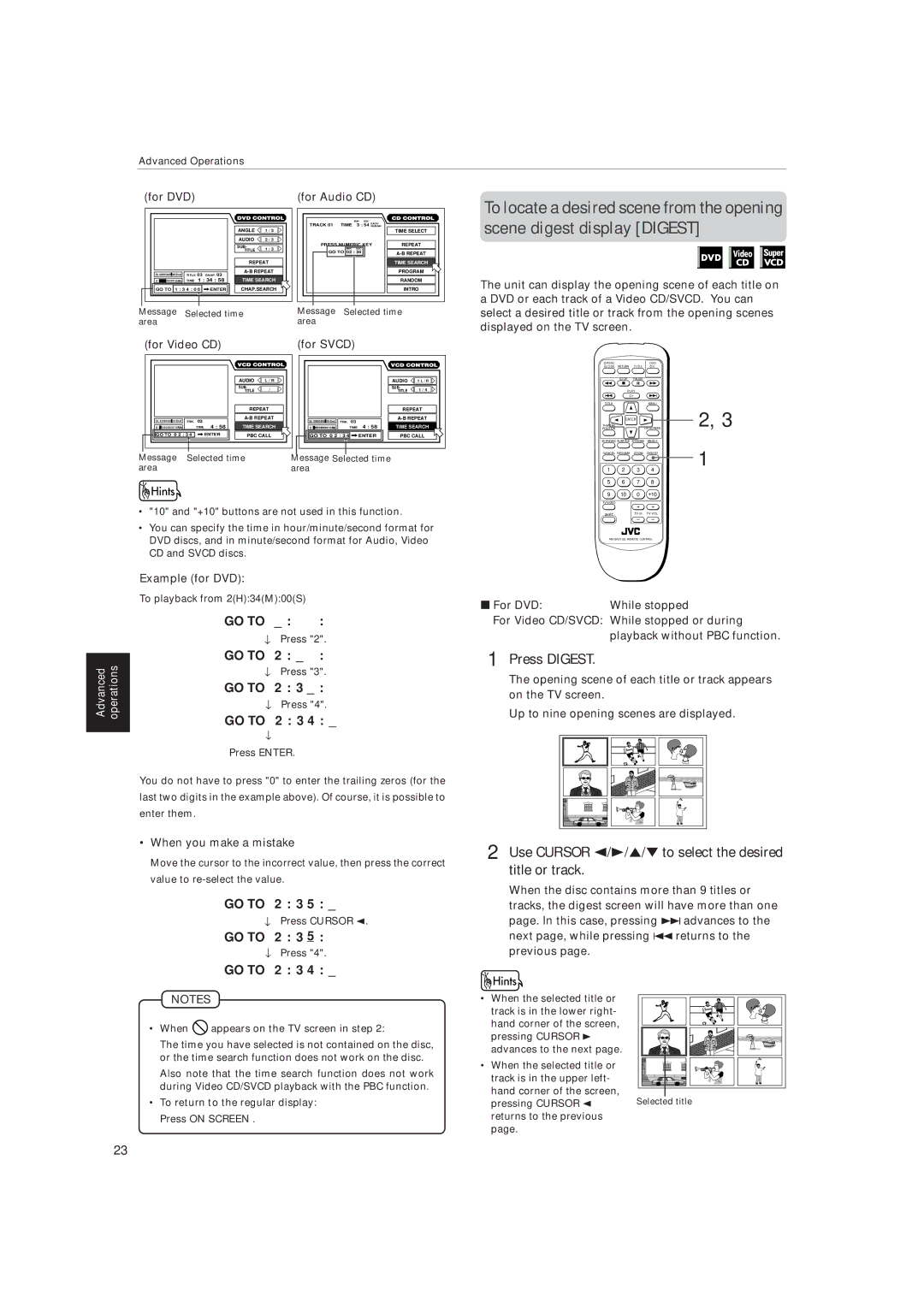 JVC XV-515GD manual Press Digest, Use Cursor 2/3/5/ to select the desired title or track 